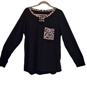 Black Long Sleeve Pocket Tee with Leopard Print Trim Size XL